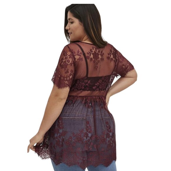 Torrid Chart SZ 6  Womens Sheer Burgundy Floral Lace Tunic Top/Beach Coverup - Picture 2 of 15